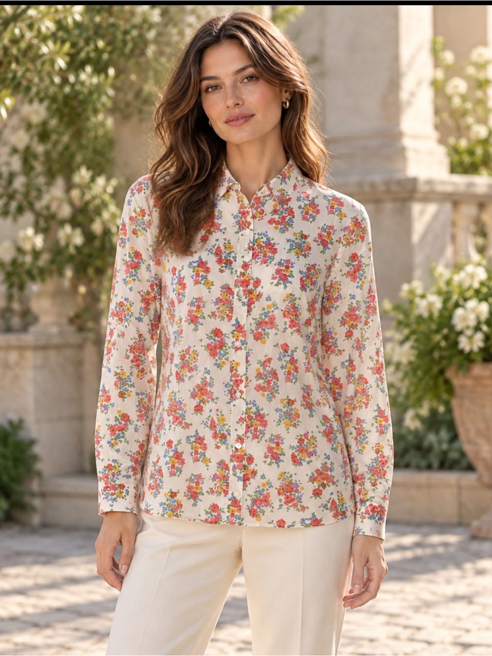 Sézane Ivory Floral Button Down Long Sleeve Collared Blouse